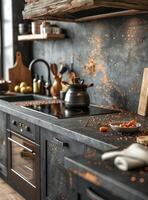 ai généré moderne cuisine intérieur avec noir des murs béton sol noir marbre plan de travail et le fourneau photo