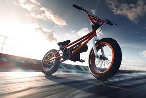 ai généré bmx bicyclette sur le piste. le bmx bicyclette est capturé milieu tour dans une brillant lumière du jour allumé photo