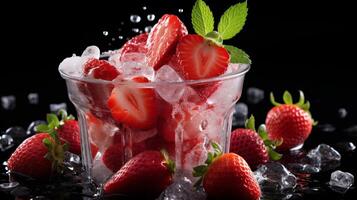 ai généré grand tasse rempli avec Frais fraise jus et la glace cubes, rafraîchissant boisson concept photo