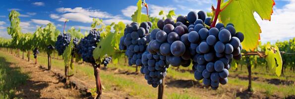 ai généré abondant vignoble. succulent grappes de Frais les raisins florissant sur une moderne plantation bannière photo