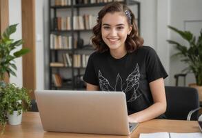 ai généré une souriant femme en utilisant une macbook dans une bien éclairé Bureau espace. le image dépeint une confortable et optimiste travail paramètre. photo