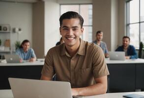 ai généré homme dans bronzer chemise travail attentivement sur portable. concentré et professionnel Accueil bureau. photo