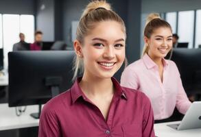 ai généré sur de soi femme d'affaires avec une sourire à sa bureau. Bureau environnement avec concentrer sur professionnel travail. photo