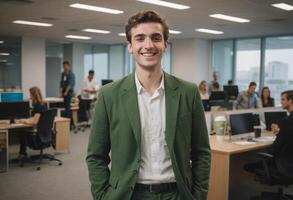 ai généré une de bonne humeur homme des stands en dehors dans un Bureau réglage avec le sien olive blazer. le sien vaste sourire et détendu posture transmettre la convivialité et confiance. photo