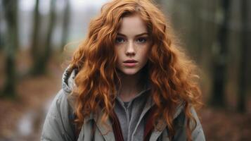 ai généré portrait de une magnifique femme avec vibrant rouge cheveux souriant Heureusement photo