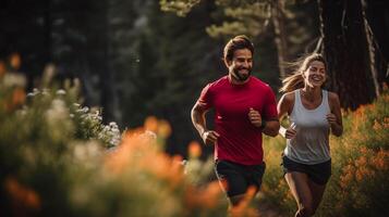 ai généré une joyeux couple de les athlètes courir main dans main le long de une enroulement forêt piste, le terreux parfum de pin et Frais air revigorant leur esprits, photo