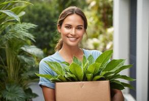 ai généré une souriant femme porte une mis en pot usine, probable décorer ou en mouvement dans une Nouveau maison. photo