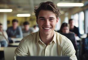 ai généré Jeune homme dans Jaune chemise souriant, décontractée Bureau paramètre. approchable et positif travail ambiance. photo