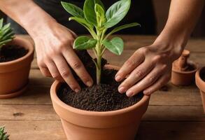 ai généré mains sont montré rempotage une Nouveau plante dans une terre cuite pot, indiquant une moment de croissance et se soucier. photo