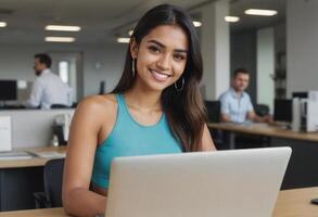 ai généré une professionnel femme travail sur une portable dans un Bureau paramètre. sa sur de soi comportement suggère compétence et se concentrer. photo