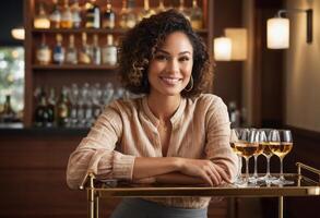 ai généré une hôtesse à une du vin dégustation un événement des stands souriant derrière le bar, avec des lunettes de du vin affiché dans devant. photo