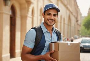 ai généré une souriant livraison homme en plein air porte une emballer. le image évoque service, fiabilité, et une positif travail éthique. photo