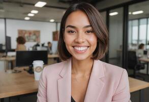 ai généré une radiant femme sourit vivement dans une entreprise environnement, suggérant accessibilité et professionnalisme. elle est mine de rien habillé dans une rose blazer. photo