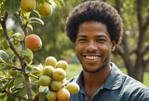 ai généré une homme des stands souriant parmi Pomme des arbres dans un verger, affichage une lien avec le environnement. photo