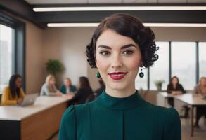 ai généré femme avec ancien coiffure dans bureau, à la recherche à caméra. rétro Regardez dans moderne paramètre. photo