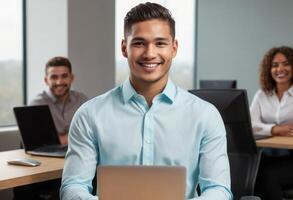 ai généré sur de soi homme dans lumière bleu chemise travail sur une portable dans le bureau. professionnel et sécurise travail comportement. photo