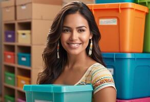 ai généré une femme des stands souriant parmi coloré espace de rangement conteneurs, indiquant un organisé espace. photo