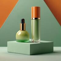 ai généré deux lumière vert cosmétique beauté produit podiums, pastel Orange Jaune pente arrière-plan, minimal maquette Contexte pour produit cosmétique présentation 3d le rendu photo