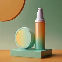 ai généré deux lumière vert cosmétique beauté produit podiums, pastel Orange Jaune pente arrière-plan, minimal maquette Contexte pour produit cosmétique présentation 3d le rendu photo