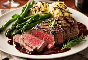 ai généré du boeuf steaks avec asperges et balsamique vinaigre. ai génératif photo