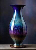 ai généré coloré décoratif verre vase avec vert et bleu modèle sur le tableau. proche en haut. ai génératif photo