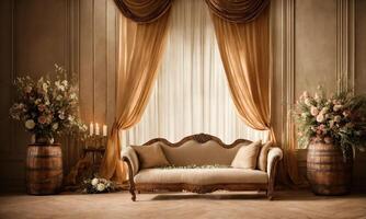 ai généré intérieur de une rustique pièce avec une beige canapé et rideaux. ai génératif photo