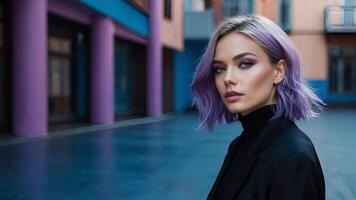 ai généré une femme avec violet cheveux et noir veste photo