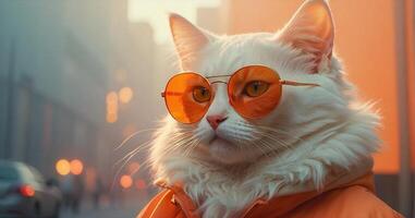 ai généré une blanc chat portant Orange des lunettes de soleil et un Orange veste photo