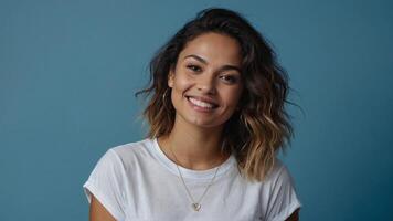 ai généré une femme avec une blanc t - chemise et une Collier photo