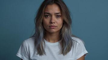 ai généré une femme avec gris cheveux et une blanc t - chemise photo