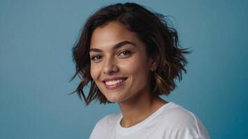 ai généré une femme avec une court cheveux et une blanc t - chemise, bleu Contexte photo