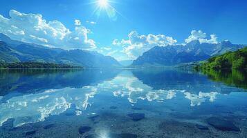 ai généré Lac entouré par montagnes en dessous de bleu ciel photo