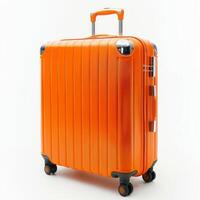 ai généré Orange valise avec roues sur blanc Contexte photo