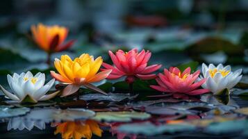 ai généré groupe de l'eau fleurs de lys flottant sur étang photo