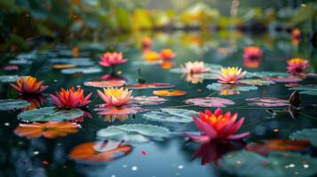 ai généré groupe de l'eau fleurs de lys flottant sur étang photo