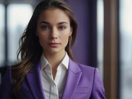 ai généré affaires femme dans violet costume photo