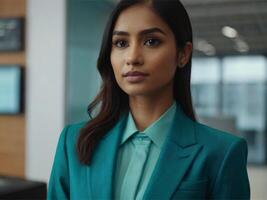 ai généré affaires femme dans turquoise costume photo