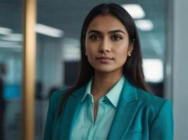 ai généré affaires femme dans turquoise costume photo