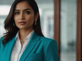 ai généré affaires femme dans turquoise costume photo