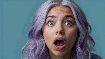 ai généré une femme avec violet cheveux et bleu yeux est fabrication une surpris visage photo