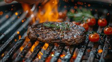 ai généré la personne grillage steaks sur gril avec flammes photo