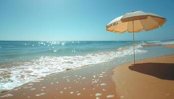 ai généré parasol sur le plage pendant heure d'été. parasol pour ombre protection sur une ensoleillé plage dans une tropical destination avec vagues s'écraser le plage. tropical destination photo