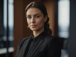 ai généré énergique affaires femme dans noir costume photo