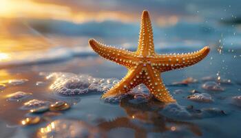ai généré étoile de mer sur le plage. étoile de mer sur le le sable fermer. fermer de une mer étoile sur une sablonneux plage dans tropical emplacement photo
