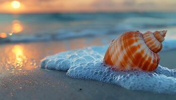 ai généré coquillage sur le plage. mer coquille sur le le sable fermer. fermer de une coquillage sur une sablonneux plage dans tropical emplacement. sel l'eau coquillage photo