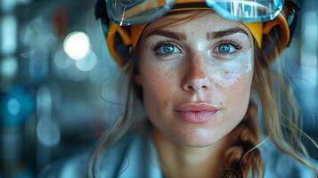 ai généré femme portant casque et des lunettes de protection photo