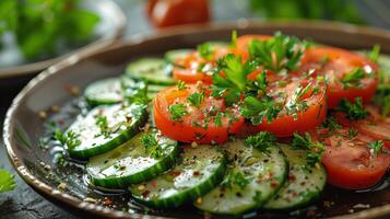 ai généré assiette de tranché concombres et tomates photo