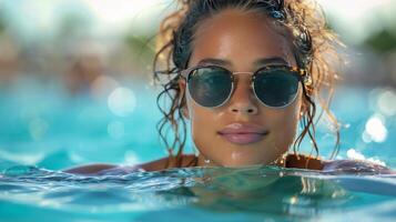 ai généré femme nager bassin des lunettes de soleil photo