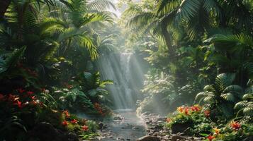 ai généré courant écoulement par luxuriant vert forêt photo