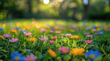 ai généré fleurs épars dans herbe photo